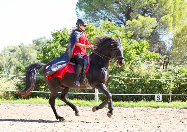 Montando Chica Están Entrenando Negro Caballo — Foto de Stock