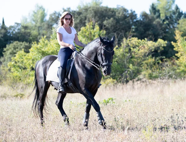 Equitazione Ragazza Sono Formazione Suo Nero Cavallo — Foto Stock