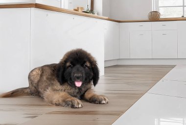 Yavru Leonberger evin arka planında