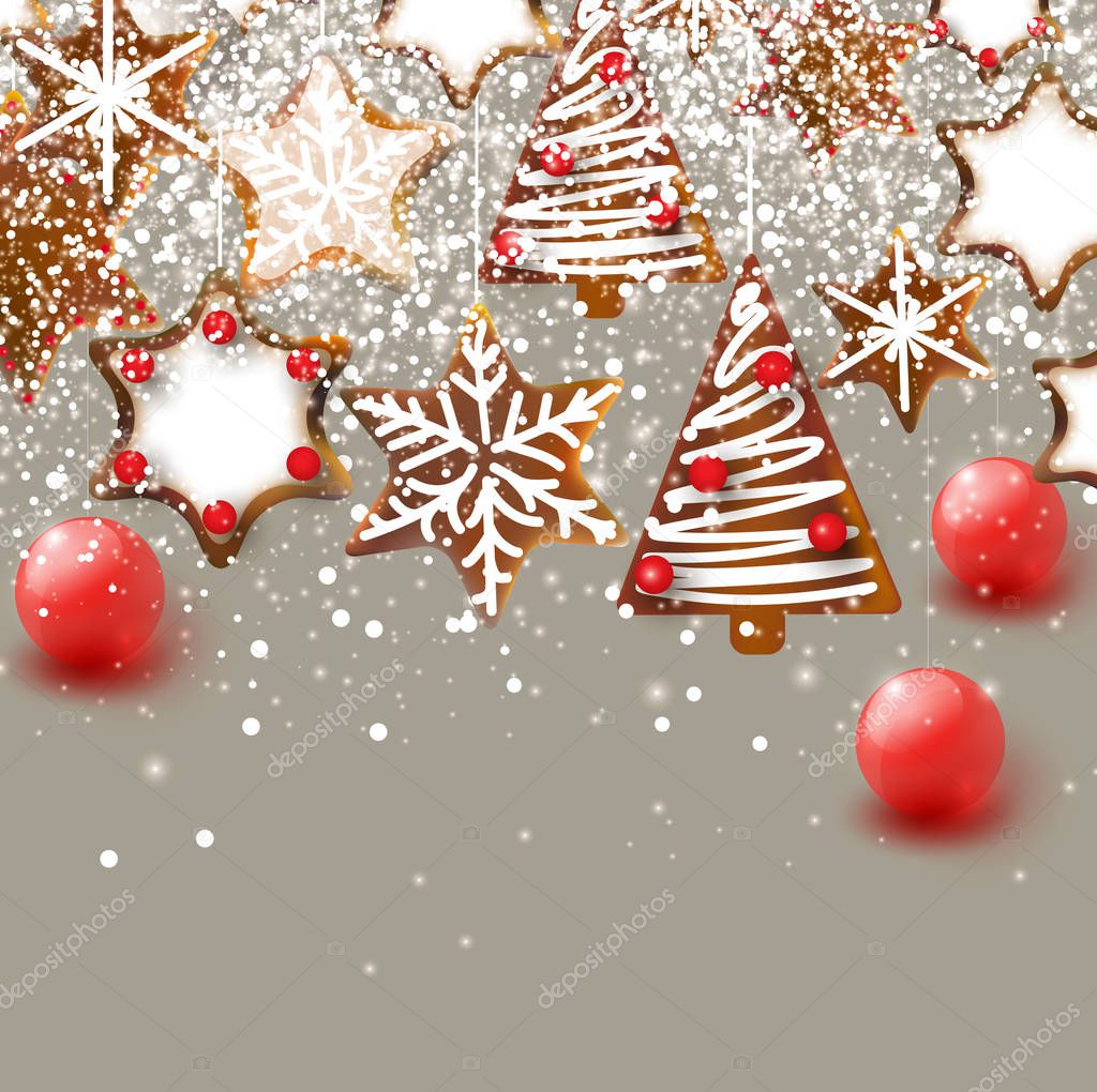 Christmas background with Christmas gingerbreads. Xmas Decoration Elements for design.
