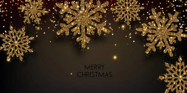 Merry Christmas Groet Vectorillustratie Met Gouden Glitters Schittert Sneeuwvlokken — Stockvector