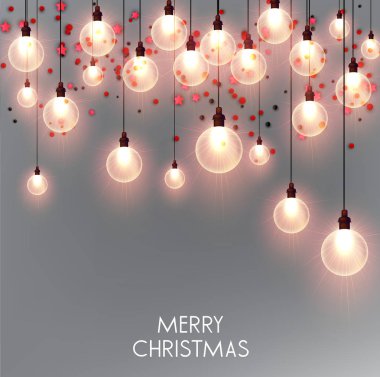 parıldayan parlak ampul ve metinle Merry Christmas gri arka plan üzerinde kırmızı yıldız tebrik kartı 