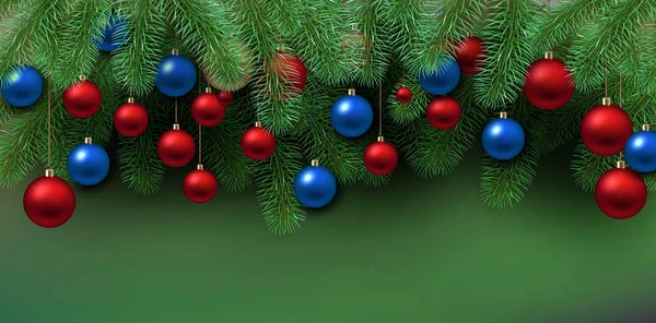 Nieuwjaarskaart Met Spar Takken Kleurrijke Kerstballen Groene Achtergrond — Stockvector