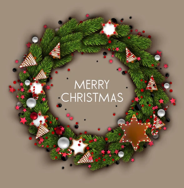 Koszorú Fenyő Gallyak Golyókat Cookie Szöveg Boldog Karácsonyt Üdvözlőlap — Stock Vector