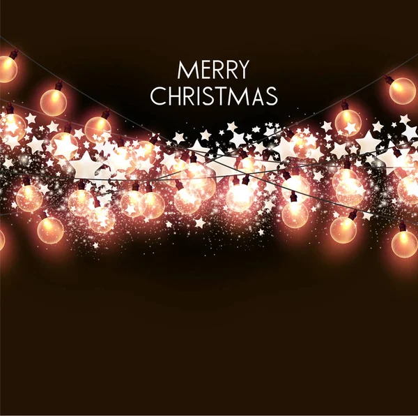 贺卡与闪亮明亮的灯泡和文字快乐的圣诞节 — 图库矢量图片