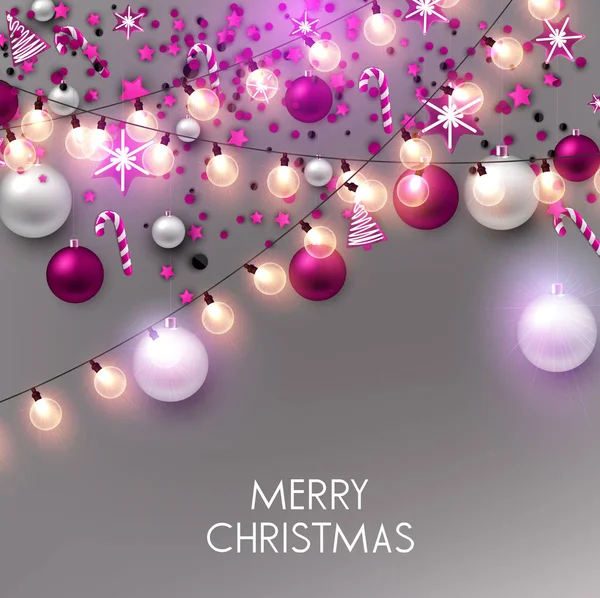 Grußkarte Mit Leuchtenden Glühbirnen Und Christbaumkugeln Mit Text Frohe Weihnachten Stockvektor