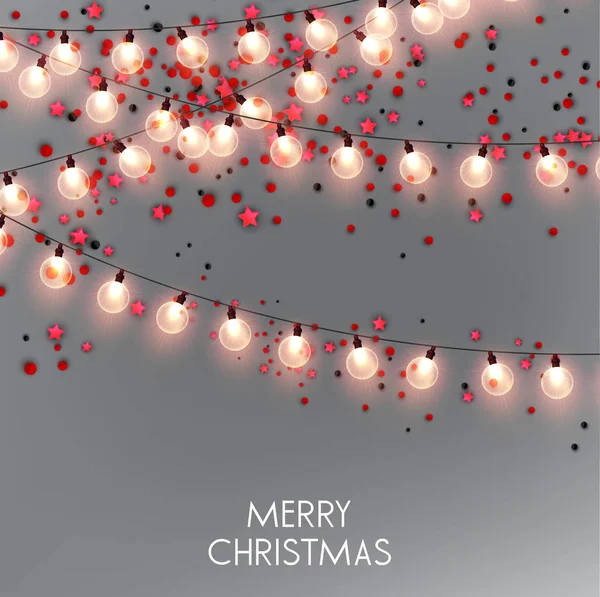 Cartão Saudação Com Lâmpadas Brilhantes Brilhantes Texto Feliz Natal Ilustrações De Stock Royalty-Free