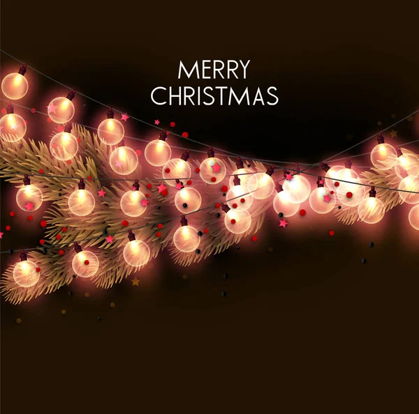 Wenskaart Met Glinsterende Bollen Merry Christmas Tekst Donkere Achtergrond Vectorbeelden