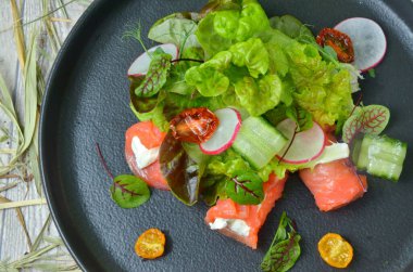 Köy arka planında taze somon sebze salatası.