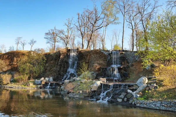 Waterfalls. Picturesque landscape design on campus. Russia, Vladivostok.