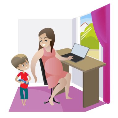 Hamile bir kadın - bir laptop çalışan bir çevirmen. Yakınındaki küçük oğlu çalış