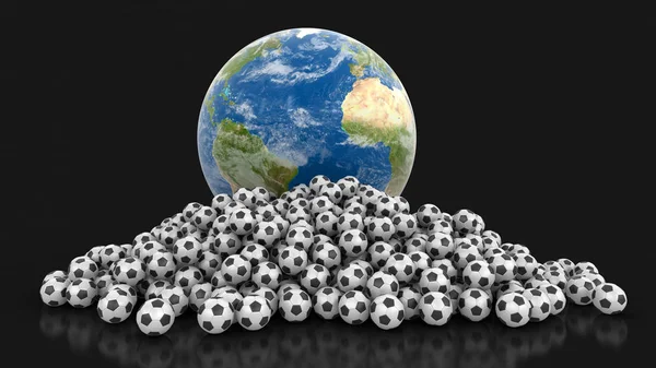 Pile of Soccer footballs and Globe. Image with clipping path