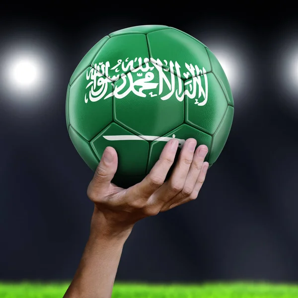 Homem Segurando Bola Futebol Com Bandeira Arábia Saudita — Fotografia de Stock