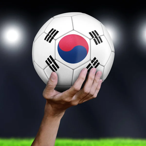 Man Memegang Bola Sepak Bola Dengan Bendera Korea Selatan — Stok Foto