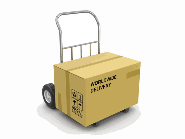 Cardboard Box on Hand Truck. Image with clipping path