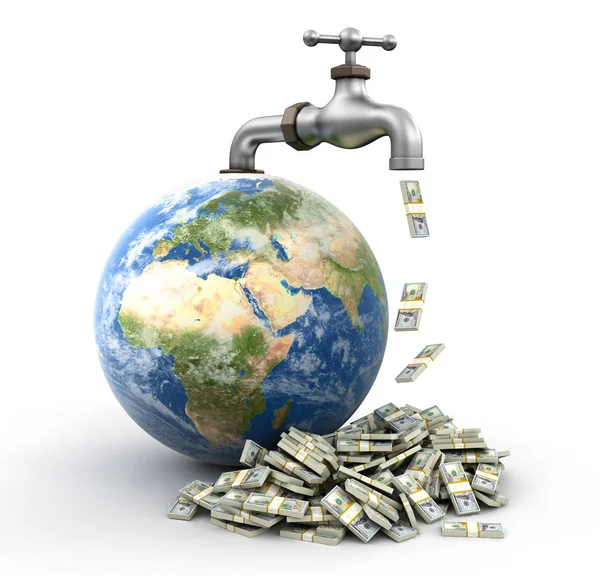 3d Globe and faucet with Dollars. Image with clipping path