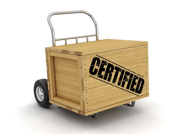 木箱与认证在手推车上 带有剪切路径的图像 — 图库照片