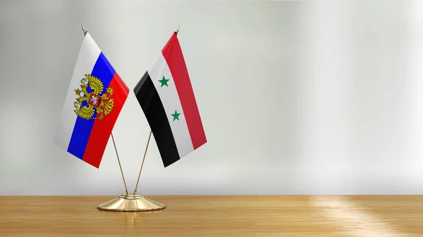 Sírio Russo Bandeira Par Uma Mesa Sobre Fundo Desfocado — Fotografia de Stock