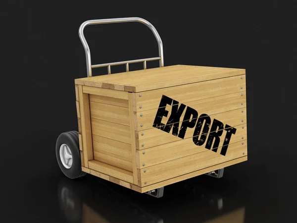 Holzkiste Mit Export Auf Handwagen Bild Mit Ausschnittspfad — Stockfoto