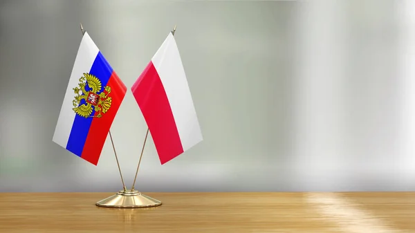 波兰和俄罗斯国旗搭配在一张桌子上 背景分散 — 图库照片