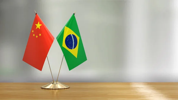 Brazilian Chinese Flag Pair Desk Defocused Background — Stock Photo, Image