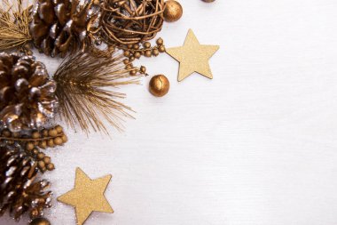 Dekorasyonlu bir Noel arkaplanı. Noel, kış, yeni yıl düzlüğü, üst manzara..