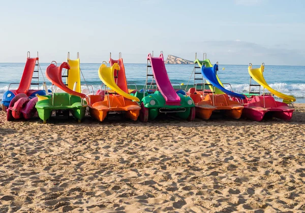 Pedakl Boats Benidorm Resort Beach Its Landmark Island Background Costa — Stock Photo, Image