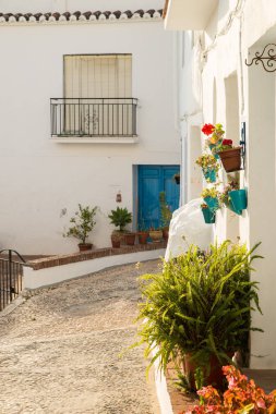 Dar cobblestoned kasaba Frigiliana, Malaga, Endülüs, İspanya'da sokak. 