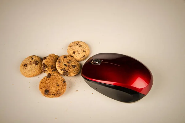 Mouse Eating Cookies Funny Technology Concept High Angle View Computer — Stock Photo, Image