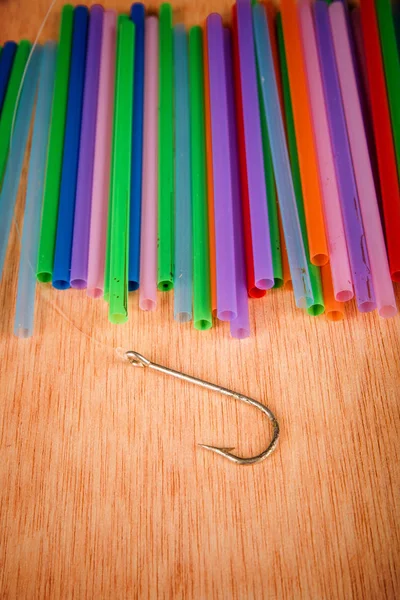 Fishing Hook Surrounded Drinking Straws Concept Pollution Oceans Plastic Waste — Stock Photo, Image