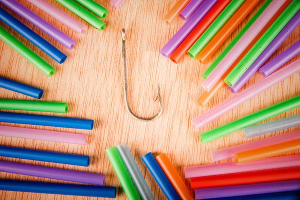 Fishing Hook Surrounded Drinking Straws Concept Pollution Oceans Plastic Waste — Stock Photo, Image
