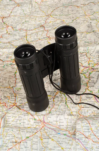Binoculars Paper Map Travel Adeventure Concept — Stock Photo, Image