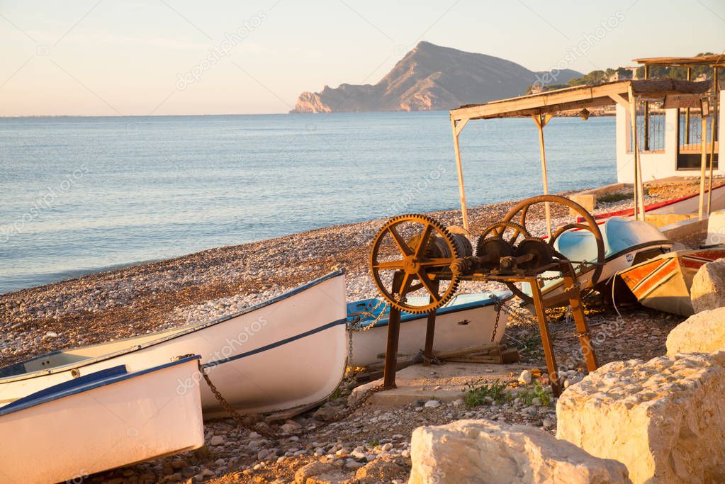Traditional fishing boats with vintage machinery on Altea Bay, Costa Blanca, Spain