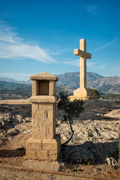 Large Christian Cross Top Crucis Spectacular Backdrop Mounain Scenery — Stock Photo, Image