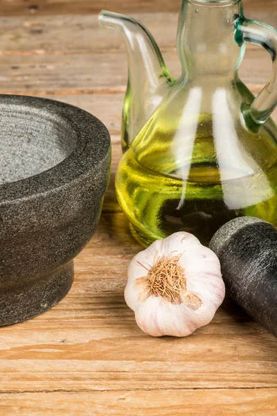 Mortar and pestle with alioli ingredients — Stock Photo, Image