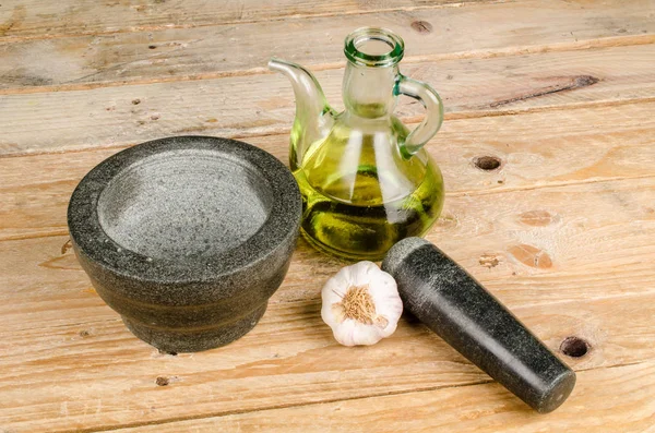 Mortar and pestle with alioli ingredients — Stock Photo, Image