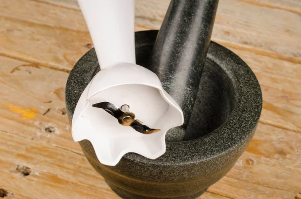 Heavy Stone Mortar Pestle Modern Blender Old New Concept — Stock Photo, Image