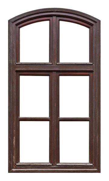 Old Brown Wooden Window Arch Six Pane White Background — Stock Photo, Image