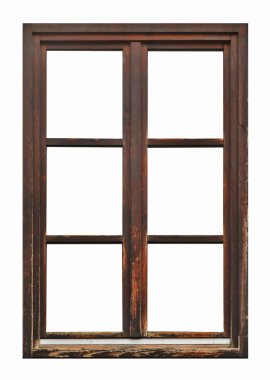 Beyaz arkaplanda eski kahverengi ahşap pencere