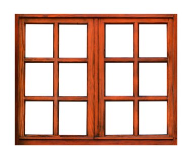 Beyaz arkaplanda klasik kahverengi ahşap pencere