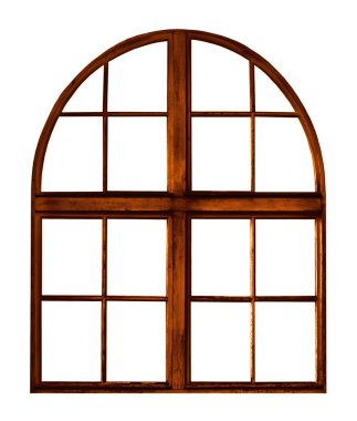 Beyaz zemin üzerinde kemer olan klasik kahverengi ahşap pencere