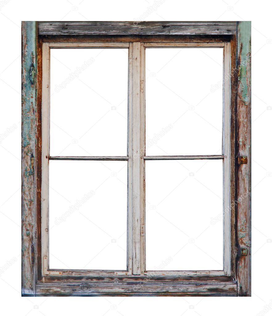 Vintage weathered wooden window on white background
