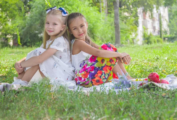 夏天的公园里 两个微笑的女孩坐在草地上的绿草上 — 图库照片