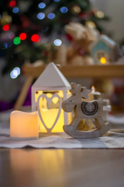 Burning Lantern Wooden Reindeer Christmas Decoration — Stock Photo, Image