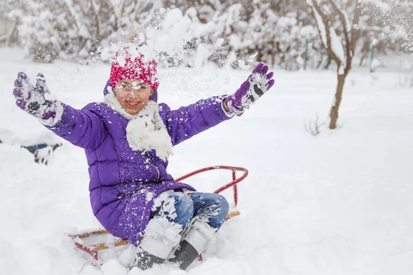 Happy Child Girl Park Sledge Playing Snow — Stock Photo, Image