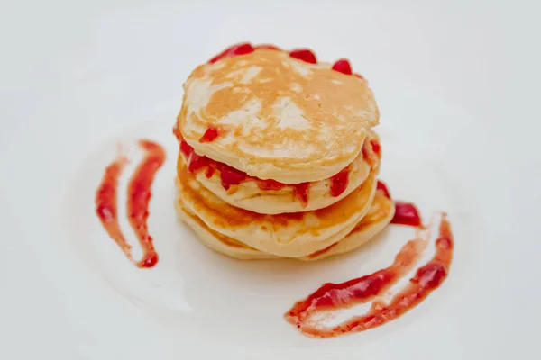 Pancakes Strawberry Jam White Plate Selective Focus — Stock Photo, Image