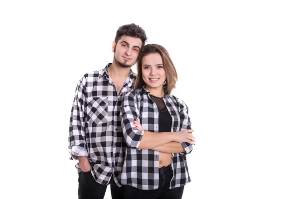 Casal em saias de pé isolado em branco — Fotografia de Stock