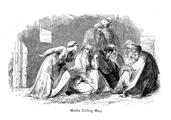 Martha Calling Marry Retro Image Engraving — Stock Photo, Image