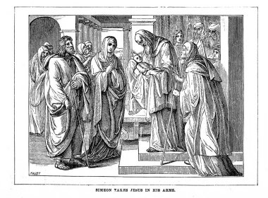 Simeon İsa onun kollarına alır.