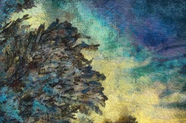 Kış karla kaplı orman, yağlıboya.